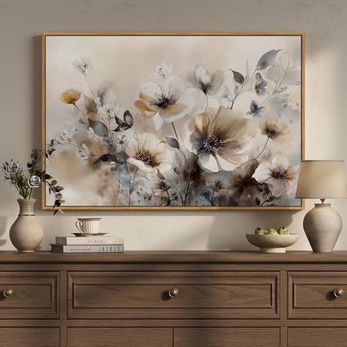 Framed Neutral Floral Wall Art, Vintage Beige Botanical Flower Canvas Artwork for Modern Farmhouse Walls, Rustic Watercolor Painting Prints for Living Room Bedroom Kitchen Dining Room, 24x36 Inch - color: White & Brown