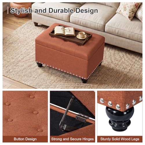 Ottoman with Storage, Fabric Ottoman Foot Rest 24" Rectangle Tufted Foot Stools Ottomans with Hinged Lid Upholstered Button Ottomans for Bedroom Living Room Entryway, Rust - color: Rust
