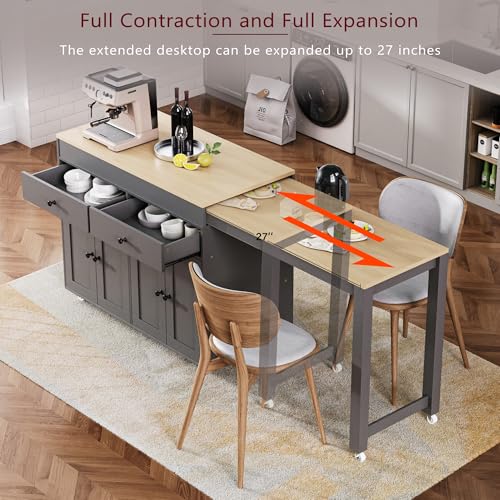 74" Extendable Rolling Kitchen Island, Portable Kitchen Island, Kitchen Island on Wheels with Lockable Casters for Kitchen Dining Spaces, Grey