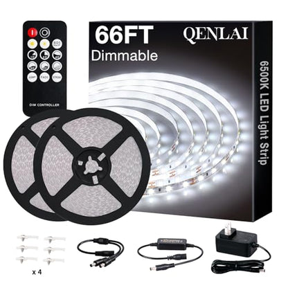 66ft White LED Strip Lights with Remote, 6500K Dimmable 12V LED Light Strip, 1200 LEDs Flexible Cuttable Tape Lights for Bedroom Kitchen Cabinet Ceiling Lighting - size: 66ft-White Light Strip