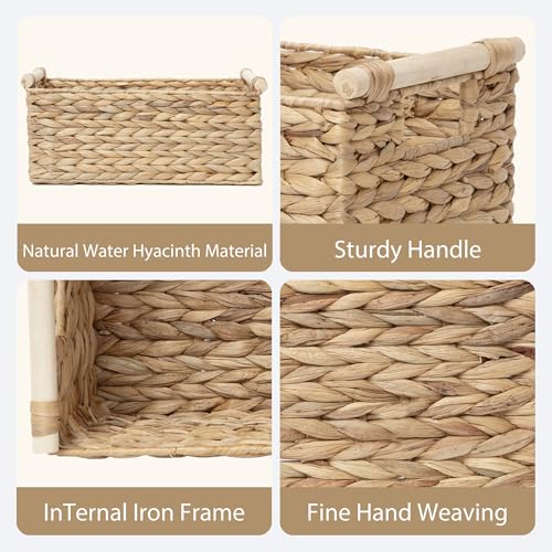 Rectangle Water hyacinth wicker storage basket Organizer(Small) | Handwoven Shelf basket with Wooden Handles for Pantry & Closet - size: Small