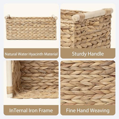 Rectangle Water Hyacinth Wicker Storage Basket Organizer(Large) | Handwoven Shelf basket with Wooden Handles for Pantry & Closet - size: Large