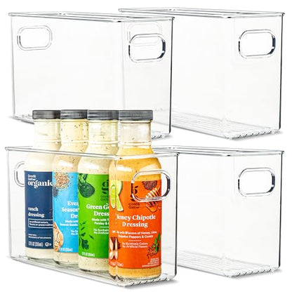 Plastic Food Storage 4 Pack Clear Container Bin with Handles for Organizing Kitchen, Pantry, Refrigerator, Freezer, Pantry, Cabinet, Closet, Bathroom. 10”x4”x6” - size: 10x4x6