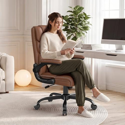 Office Chair, Executive Mid-Back Computer Desk Chair with Flip-up Armrests | 300 Lbs Ergonomic Leather Swivel PC Chair with Rock Function for Working Studying (Brown) - color: Brown