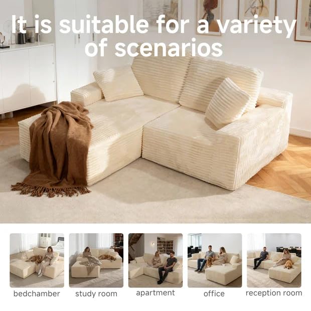 75" Cloud Modular Boneless Couch, Left Facing L-Shaped Chaise Sectional Sofa - No Assembly Required, Plush Corduroy & Memory Foam, for Living Room Bedroom Apartment (Beige) | Left Facing Chaise,No Assembly,Corduroy Fabric, High-Density Foam, Dorm Room, Ap
