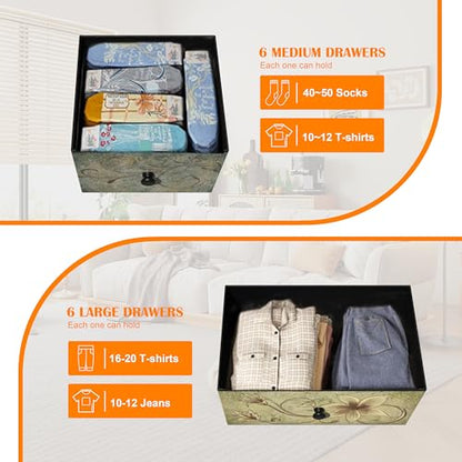 Dresser with Drawers for Bedroom Chest of Drawers Fabric Dresser for Closet,Nursery Entryway Hall Tree TV Stand for Living Room Retro Floral Pattern Drawers Wooden Top (12 Drawers) - size: 11.8"D x 39"W x 48.4"H (12 Drawers)