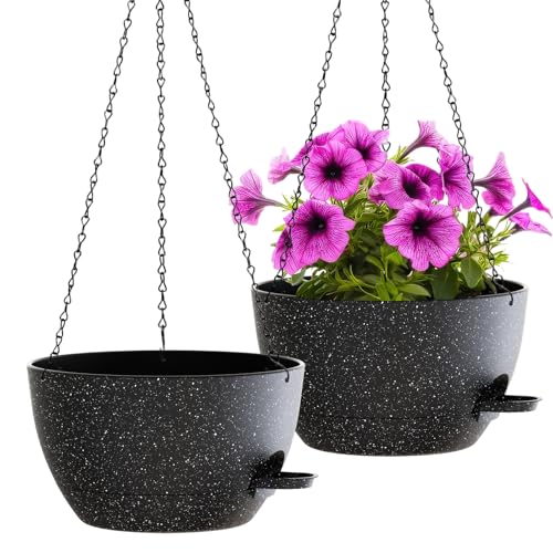 WOUSIWER Self Watering Hanging Planters, 2 Pack 12'' Plastic Pots with Drainage Holes & Reservoir Tray (Speckled Black) | Indoor & Outdoor Use for Ferns, Ivy, Herbs, Succulents - color: Black Speckled, size: 2 Pack 12 inches