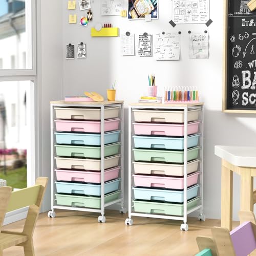 SYKIARIOL Rolling Cart with Drawers, 8 Drawers Utility Cart, Rainbow | Rolling Drawer Cart on Wheels with Wooden Tabletop for Living Room,Classroom,Bedroom,Bathroom,Dorm,Office - color: Rainbow
