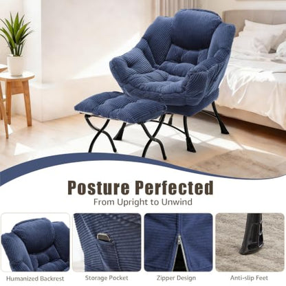 Lazy Chair with Ottoman, Modern Skinny Lounge Chair with Footrest | Foldable Footrest, Padded Seat & Backrest, Side Pocket Comfy Accent Reading Chair for Living Room & Small Spaces, Navy Blue - color: Navy Blue