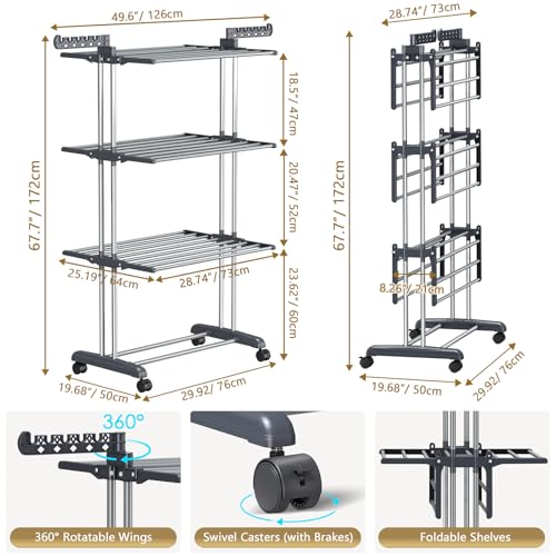 Upgraded 4-Tier Clothes Drying Rack, Drying Rack Clothing with Wheels | Large Foldable Laundry Drying Rack, Clothes Rack with Side Hooks for Indoor Outdoor Air Drying, 19.68"D x 29.9"W x 67.7"H - size: 19.68"D x 29.92"W x 67.70"H
