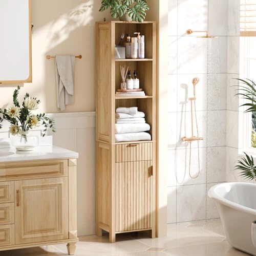 VINGLI Narrow Fluted Bathroom Floor Skinny Storage Cabinet with 1 Fluted Door&Drawer,68" Tall Narrow12 Inch Deep Slim Bathroom Storage Cabinet for Small Space w/3 Adjustable Shelves,Natural Oak Color - color: Natural Oak, size: 68"H Narrow Cabinet