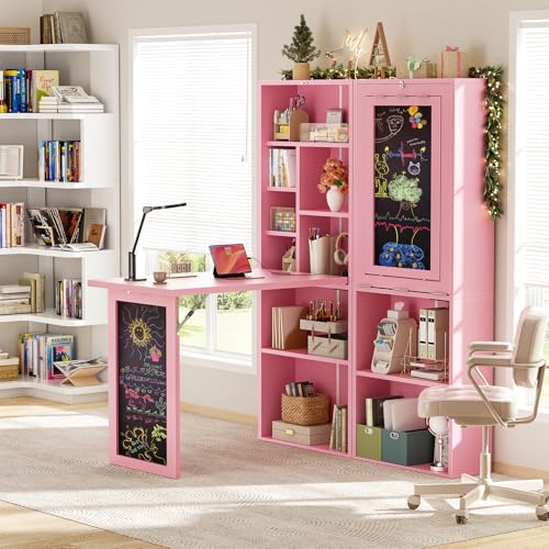 Small Folding Desk with Outlets, Convertible Writing Desk for Small Spaces/Home Office/Craft Room, Multi-Function Desk Workstation with Blackboard, Fold-Out Cabinet Table, Pink | Foldable Wall Mounted Desk Cabinet with Storage, Craft Cabinet with Fold Out