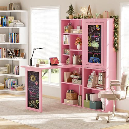 Small Folding Desk with Outlets, Convertible Writing Desk for Small Spaces/Home Office/Craft Room, Multi-Function Desk Workstation with Blackboard, Fold-Out Cabinet Table, Pink | Foldable Wall Mounted Desk Cabinet with Storage, Craft Cabinet with Fold Out