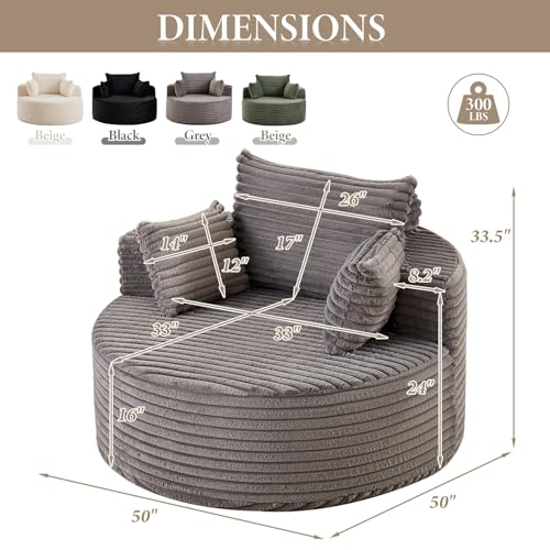 50'' Oversized Round Chaise Longue Chair, Upholstered Corduroy Single Cloud Circle Sofa Chair Comfy Deep Seat Boneless Couch Bed No Assembly Required for Living Room, Bedroom Apartment, Gray - color: Grey, style: 50"Corduroy