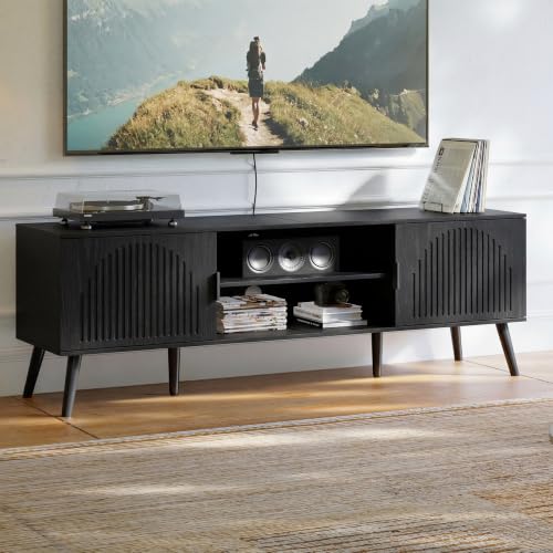 ChooChoo TV Stand with Open Shelves for 65 Inch TVs, Mid Century | 15.7"D x 59.1"W x 19.4"H, Entertainment Center with Storage Cabinet, 2 Cable Holes, for Living Room, Bedroom, Black - color: Black, size: 15.7"D x 59.1"W x 19.4"H