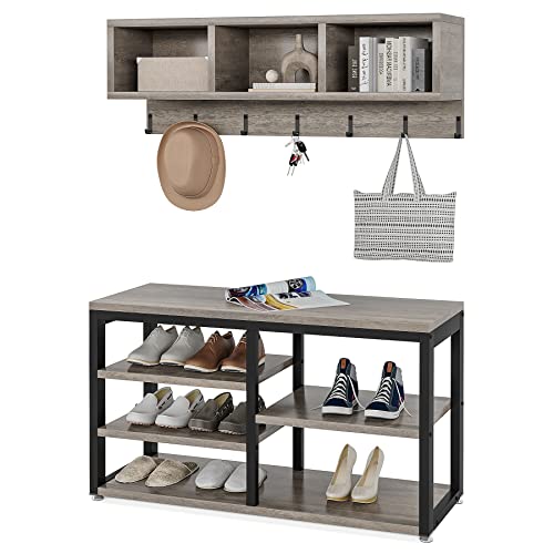 LITTLE TREE Coat Shoe Rack, Hall Tree Entryway Bench Set for Hallway, Living Room, Bedroom, Grey - color: Grey