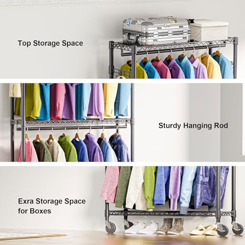 M MZG Heavy Duty Rolling Garment Rack 3 Tiers Adjustable Wire Shelving Clothes Rack with 2 Rods and Side Hooks,Storage Closet Clothing Rack with Wheels Black 15.7" D x 45.3" W x 79.6" H - color: Black, size: 3 Tier and 2 Rod 15.7"D x 45.3"W x 79.6"H