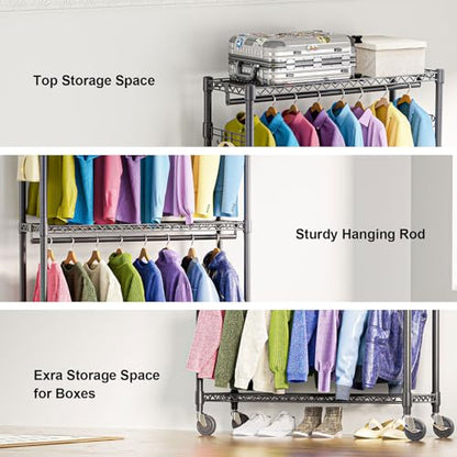 M MZG Heavy Duty Rolling Garment Rack 3 Tiers Adjustable Wire Shelving Clothes Rack with 2 Rods and Side Hooks,Storage Closet Clothing Rack with Wheels Black 15.7" D x 45.3" W x 79.6" H - color: Black, size: 3 Tier and 2 Rod 15.7"D x 45.3"W x 79.6"H