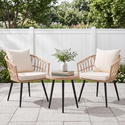New 3 Piece Patio Bistro Set for Porch Backyard Lawn Poolside Deck, Beige | Handcrafted PE Rattan, Weather-Resistant, Modern Bohemian Design, Easy-Clean Surface, Compact Space Fit - size: NEW 3 Pieces