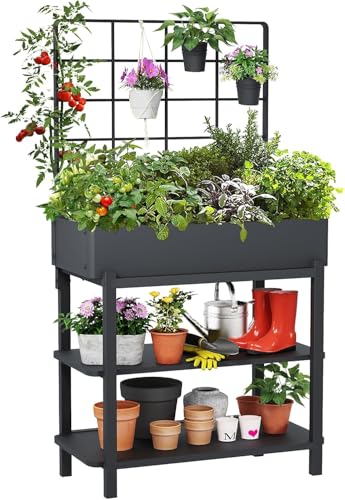 Metal Raised Garden Bed with Trellis & Legs | 2-tier shelf, 3 flower pots, 36" tall no-bend, rust-resistant, ideal for patio, balcony, vegetables, herbs & climbing plants