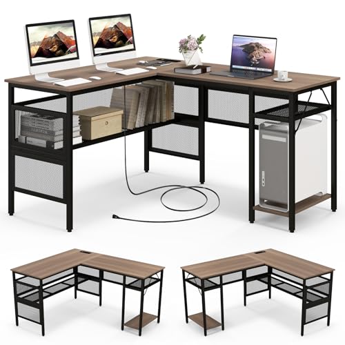 COSTWAY L Shaped Desk with Charging Station, 55” Reversible Corner Computer Desk with Mesh Storage Shelves, CPU Stand, 2 Person Gaming Desk Computer Workstation for Home Office | with Mesh Storage Shelves, CPU Stand, 2 Person Gaming Desk Computer Workstat