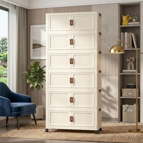 303QT Modular Stackable Storage Cabinet, Rolling Lidded Storage Containers with Wheels, Collapsible Drawer Storage Bins for Clothes, Toys, Bedroom, Dorm Room Organization, Cream White（6 Pack） - size: 6 Pack 24 L x 12 W x 66 H