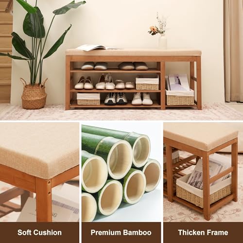 PETKABOO 47.2 in Shoe Rack Bench with Cushion, 3 Tier Bamboo Entryway Bench with Storage for Entryway, Hallway, Bedroom, Living Room - color: Brown, style: 47 in