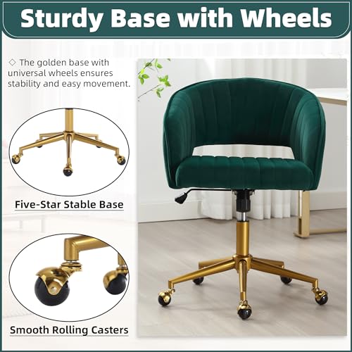Desk Chair with Wheels, Gold Base, Velvet Accent Vanity Armchair, Green | Spacious‌ Soft Seat, Swivel Height Adjustable, Rocking Function, Modern Stripe for Girls &Women Bedroom Makeup or Nail - color: Dark Green Velvet
