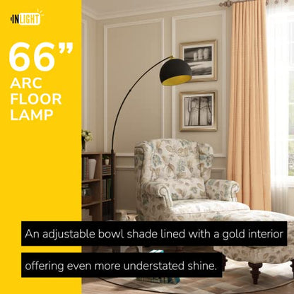 GETINLIGHT Inlight 66" Modern Black Metal Arc Floor Lamp with Inner Gold Metal Shade and Black Marble Base, Bulb Not Included, IN-0806-1-BK