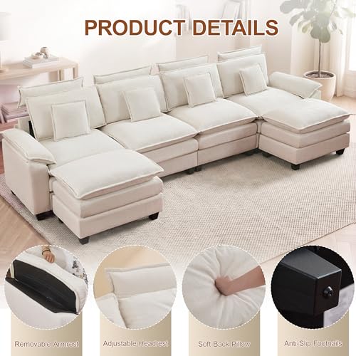 134'' U Shaped Sectional Couch, Cloud Deep Seat Sofa Couch with 2 Ottoman, Detachable Headrest, Oversized Modular 5 Seater Sofas for Living Room, Beige - color: Beige, size: U Shaped Couch