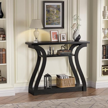 Wood Console Table, 3-Tier Accent Sofa Table (Black) | 47" Entry Table with Curved Legs, 3-tier Shelf Modern Accent Sofa Table for Entrance Area, Living room, Hallway - color: Black