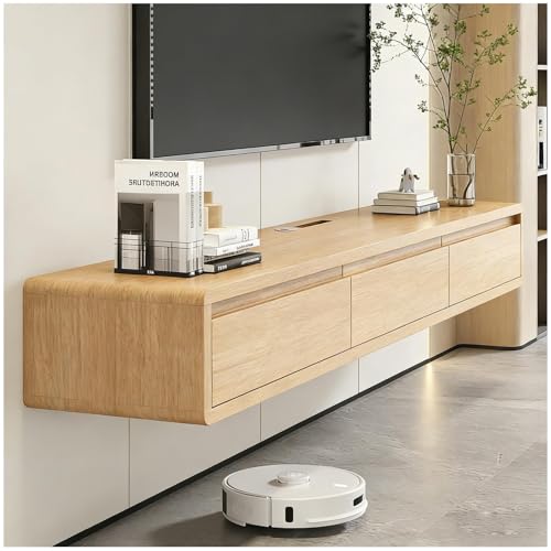 78.7" Solid Wood Floating TV Stand, Pre-Assembled Wall Mount | Wood Finish. Supports 200lbs, hidden cable management & storage. Solid wood floating design fits soundbars. Ready to hang - color: Wood, size: 78.7in