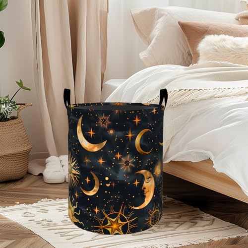 Moon and Sun Laundry Basket, Oxford Cloth Mystical Dreamy Dirty Clothes Collapsible Hamper for Room Decor, Star Celestial Print Gifts Toy Organizer 19.7 * 15.7 Inch for Bedroom Bathroom Dorm - style: Moon and Sun