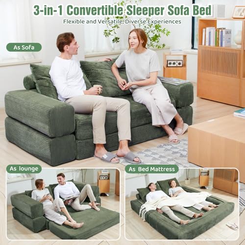 75" Convertible Sofa Bed, Fold Out Couch Bed Futon Sleeper Mattress with Pillows,3-in-1 Foldable Floor Couch Convertible Futon Sofa for Small Spaces - No Assembly Needed Green - color: Green