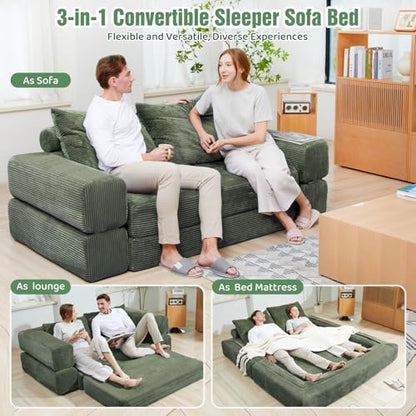 75" Convertible Sofa Bed, Fold Out Couch Bed Futon Sleeper Mattress with Pillows,3-in-1 Foldable Floor Couch Convertible Futon Sofa for Small Spaces - No Assembly Needed Green - color: Green