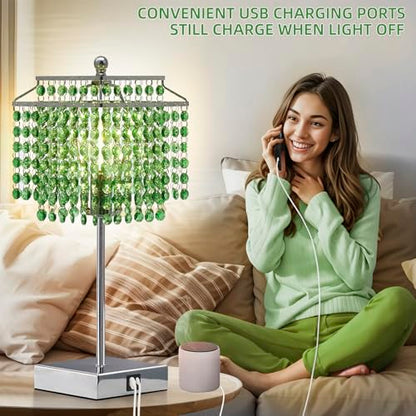 Luvkczc Crystal Table Lamp with Touch Control, Bedside Crystal Table Lamp with USB C+A Ports,Dimmable Lamp for Girls Bedroom, Living Room, Green & B11 LED Bulb Included - color: Green