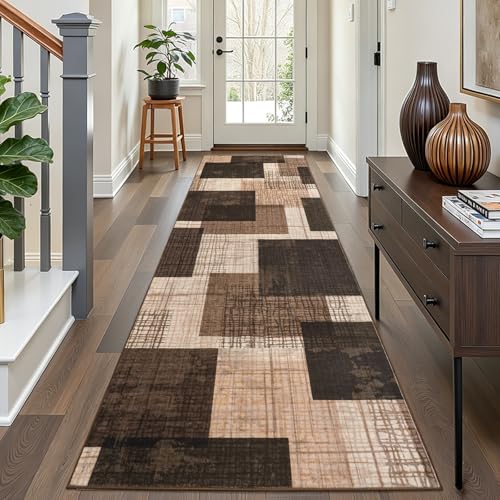 Washable 3x10 Runner Rug for Hallway Kitchen Bedroom, Chocolate | Non Slip, Low-Pile, Soft Stain Resistant, Modern Geometric Patchwork Grid Print Long Runner with Rubber Backing - color: Chocolate, size: 3' x 10' (Runner)