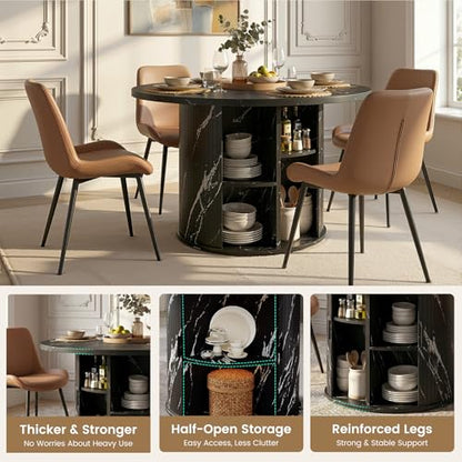 3-Piece Round Dining Table Set for 2, 47-Inch Modern Faux Marble Dining Table with Half-Open Storage Shelf, Upholstered Dining Chairs with Thick Cushions (Black Faux Marble Table + 2 Beige Chairs) - color: Black Faux Marble Table + 2 Beige Chairs-196, siz