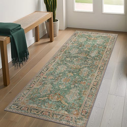 2x5 Hallway Runner Rugs Non Slip Washable Runner for Entryway Bathroom Kitchen Bedroom, Boho Green Runner, Thin Low Pile Chenille Carpet with Rubber Backing, Dark Sage/Gold - color: Sage/Gold, size: 2' x 5' (Rectangular)