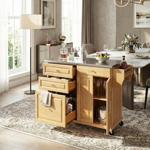 Christopher Knight Home Tredy Bamboo Rolling Cart with Drawers, Kitchen Bar Cart on Wheels with Stainless Steel Top, Rolling Kitchen Cart Storage Cabinet, Serving Cart, 50.8'' x 18.5'', Natural - size: Medium