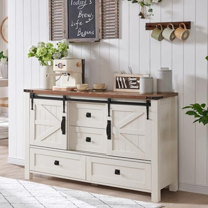 T4TREAM 48" Wide Farmhouse Sideboard Buffet Cabinet, Antique White | 31.2" Tall Kitchen Cabinet with Storage, 2 Sliding Barn Doors, 4 Drawers, Rustic Wood, Coffee Bar Table, Dining Room - color: Antique White