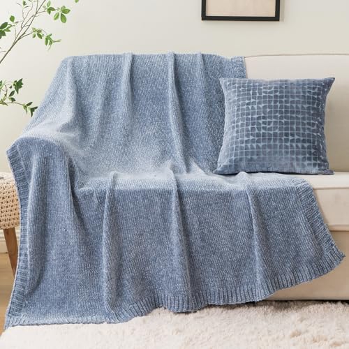 BATTILO HOME Blue Grey Chenille Throw Blanket for Couch, 51"x67" | Shiny Chenille Blanket, Blue Knit throw Blanket, Soft & Breathable, Summer Throw for Couch, Bed & Sofa - color: Bluish Grey
