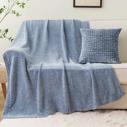 BATTILO HOME Blue Grey Chenille Throw Blanket for Couch, 51"x67" | Shiny Chenille Blanket, Blue Knit throw Blanket, Soft & Breathable, Summer Throw for Couch, Bed & Sofa - color: Bluish Grey