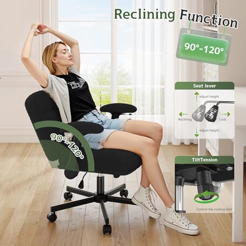 DurayLoly Criss Cross Office Chair with Flip-up Arm & Wheels | 360° Swivel,Plush Teddy Fabric Cross Legged Chair ,Adjustable Height for Home Office,Study, Gaming, Vanity,White - color: Black