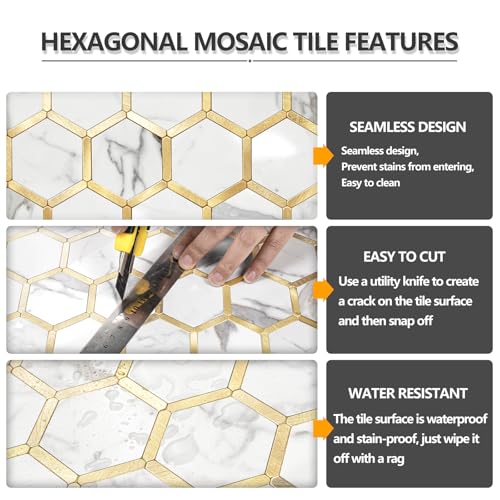 STICKGOO Hexagon Peel and Stick Backsplash Tile, Stick on Backsplash for Kitchen and Bathroom, Glossy Carrara White PVC Mixed Metal Gold Self Adhesive Wall Tiles(10 Sheets, Seamless) - color: Carrara White with Metal Gold
