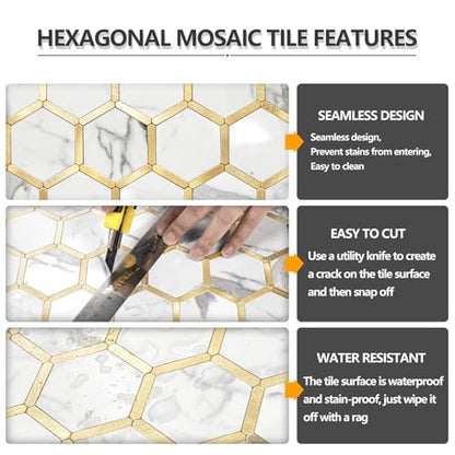 STICKGOO Hexagon Peel and Stick Backsplash Tile, Stick on Backsplash for Kitchen and Bathroom, Glossy Carrara White PVC Mixed Metal Gold Self Adhesive Wall Tiles(10 Sheets, Seamless) - color: Carrara White with Metal Gold