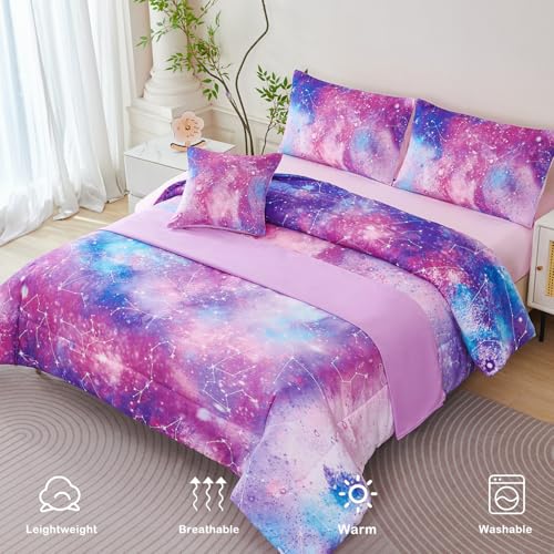Galaxy Pink Twin Comforter Set, Constellation Print Girls Bedding Set 6 Pieces, 3D Colorful Tie Dye Ombre Girls Bed in A Bag Kids Bedding Set with Sheets, Comforter and Pillowcases - color: Pink Constellation, size: Twin