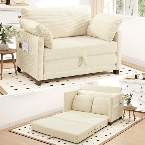 Myroyalsit 51" Convertible Loveseat Sofa Bed, 2-in-1 Folding Sofa Bed with 2 Pillow for Small Spaces, Modern Loveseat Sleeper Couch for Apartment, Living Room & Guest Room (Corduroy Beige, 51 inch) - color: Beige Corduroy, size: 51 inch