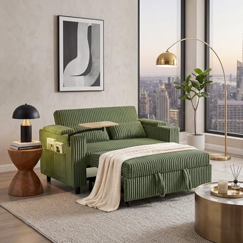 LINSY HOME 3-in-1 Pull Out Sofa Bed, 58" Convertible Sleeper Sofa for Living Room, 360° Swivel Table, Storage Armrests, Charging Station, Cup Holders, 2 Pillows, Corduroy Loveseat Futon Couch, Green - color: Green
