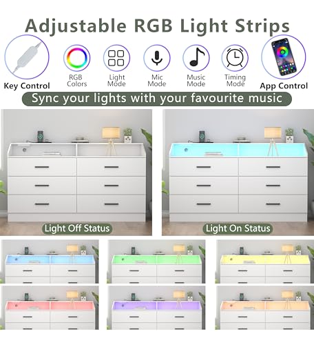 6 Drawer Dresser for Bedroom with Charging Station, Dresser with LED Light | Chest of Drawers for Closet, Modern Dressers with Open Storage Cubby, Double Wide Dressers - color: White